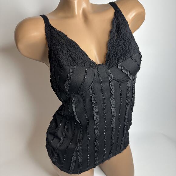 Unbranded Tops - Y2K Black Lace Glitter Ruffle Cami Top Coquette Corset Lingerie Style S Goth